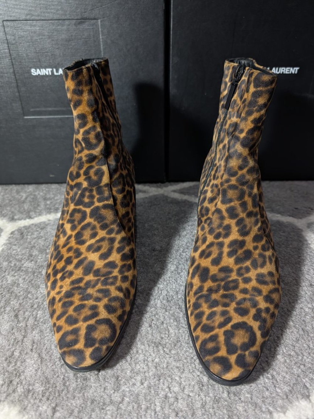 Saint Laurent Leopard-Print Ankle Boots in Brown and Black